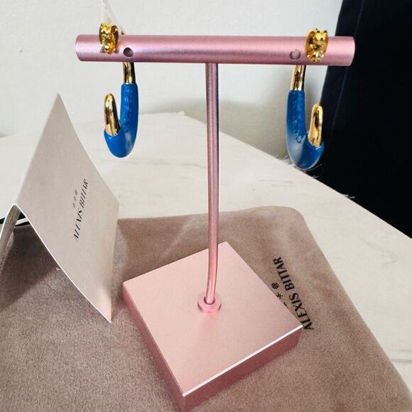 Alexis Bittar Retro Memphis 14K Yellow‎ Goldplated Half-Hoop Earrings, Blue, NWT - Picture 4 of 16